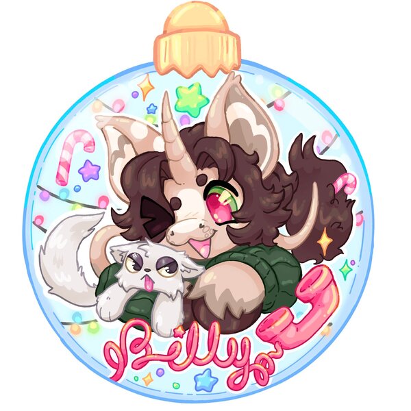Size: 2048x2048 | Tagged: safe, artist:ibbledribble, derpibooru import, oc, oc:billy (riddlewiki), unofficial characters only, cat, pony, unicorn, badge, beanbrows, blaze (coat marking), brown coat, brown mane, brown tail, candy, candy cane, christmas, christmas lights, christmas ornament, clothes, coat markings, colored eyebrows, colored fetlocks, colored hooves, colored pinnae, colored pupils, colored sclera, commission, curved horn, decoration, duo, ear tufts, eye clipping through hair, eyebrows, facial markings, food, green eyes, holiday, horn, image, jpeg, leonine tail, lidded eyes, narrowed eyes, one eye closed, ornament, phone, pink text, red pupils, simple background, sparkles, stars, sweater, tail, text, tongue out, unshorn fetlocks, white background, wingding eyes, yellow sclera
