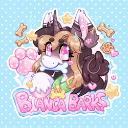 Size: 2048x2048 | Tagged: safe, artist:ibbledribble, derpibooru import, oc, oc:bianca barks, unofficial characters only, pony, unicorn, badge, beanbrows, bone, brown coat, brown hair, brown mane, chest fluff, coat markings, collar, colored eyebrows, colored hooves, colored sclera, commission, crackers, curved horn, dog collar, eyebrows, eyelashes, facial markings, female, food, heart, horn, image, jpeg, leonine tail, long mane, mare, mealy mouth (coat marking), mouth hold, outline, patterned background, paw prints, pink eyes, pink text, shiny hoof, socks (coat marking), solo, sparkles, sparkly eyes, tail, two toned mane, two toned tail, unicorn oc, unshorn fetlocks, wingding eyes, yellow sclera