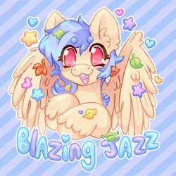 Size: 2048x2048 | Tagged: safe, artist:ibbledribble, derpibooru import, oc, oc:blazing jazz, pegasus, pony, badge, beanbrows, blue mane, blue text, blushing, colored eyebrows, commission, ear fluff, eye clipping through hair, eyebrows, eyebrows visible through hair, eyelashes, heart, heart nostrils, hooves together, image, jpeg, leaves, leaves in hair, looking at you, male, open mouth, open smile, outline, partially open wings, patterned background, pegasus oc, pink eyes, purple text, smiling, solo, sparkly eyes, stallion, stars, teeth, text, two toned mane, unshorn fetlocks, wing fluff, wingding eyes, wings, yellow coat