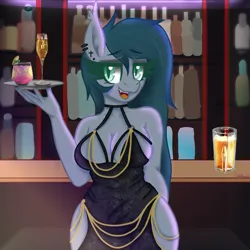 Size: 3583x3583 | Tagged: safe, artist:chubbehbunneh16, derpibooru import, oc, oc:midnight melody, unofficial characters only, anthro, bat pony, alcohol, beer, champagne glass, clothes, club, dress, ear piercing, eyeshadow, fangs, image, makeup, piercing, png, solo