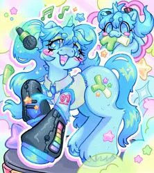 Size: 1820x2048 | Tagged: safe, artist:ibbledribble, derpibooru import, ponified, pony, unicorn, abstract background, arm warmers, beanbrows, blue coat, blue eyes, blue mane, blue tail, blush sticker, blushing, clothes, colored hooves, duality, eye clipping through hair, eyebrows, eyebrows visible through hair, eyeshadow, female, glow, glowing horn, hatsune miku, heart nostrils, horn, image, jpeg, leek, lidded eyes, lipstick, magic, makeup, mare, microphone, music notes, necktie, open mouth, open smile, outline, pigtails, raised hoof, shirt, singing, smiling, solo, sparkles, sparkly eyes, stage, stars, tail, tattoo, telekinesis, twintails, unshorn fetlocks, vocaloid, wingding eyes