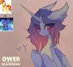 Size: 1280x1188 | Tagged: safe, artist:_gassfra, derpibooru import, oc, unnamed oc, unofficial characters only, alicorn, alicorn oc, big ears, big eyes, blue coat, blushing, colored belly, ear fluff, eye clipping through hair, eyebrows, eyebrows visible through hair, eyelashes, facial markings, folded wings, fusion, fusion:princess luna, fusion:sunset shimmer, gradient mane, heart, hooves to the chest, hooves together, horn, image, jpeg, long horn, pink eyes, purple mane, signature, simple background, sketch, smiling, watermark, wings