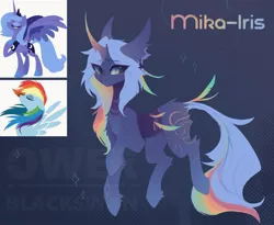 Size: 1280x1051 | Tagged: safe, artist:_gassfra, derpibooru import, oc, oc:mika-iris, unofficial characters only, pony, unicorn, abstract background, blue coat, blue mane, blue tail, blushing, butt fluff, coat markings, colored ear fluff, concave belly, curved horn, ear fluff, ear piercing, earring, eye clipping through hair, eyebrows, eyebrows visible through hair, female, fetlock tuft, folded wings, fusion, fusion:princess luna, fusion:rainbow dash, g4, gradient horn, gradient legs, green eyes, hooves in air, horn, image, jewelry, jpeg, leg fluff, long hair, long tail, looking away, mare, multicolored mane, multicolored tail, piercing, slender, smiling, solo, sparkles, tail, thin, unicorn oc, watermark, wingding eyes, wings