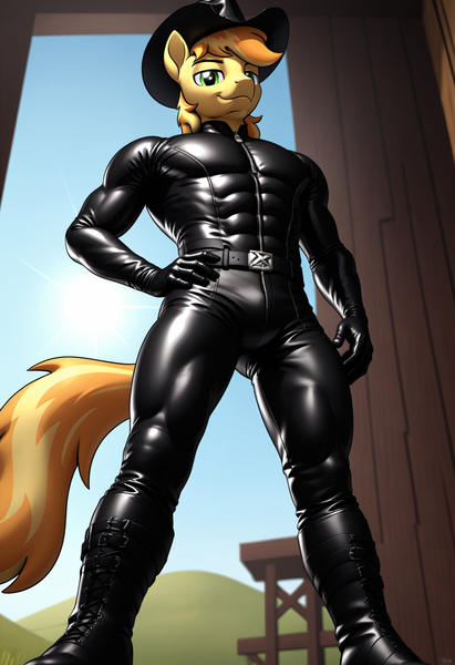 Size: 1248x1824 | Tagged: questionable, ai content, derpibooru import, machine learning generated, stable diffusion, braeburn, anthro, earth pony, plantigrade anthro, bodysuit, boots, catsuit, clothes, crotch bulge, derpibooru exclusive, g4, generator:pony diffusion v6 xl, gradient background, image, imminent rape, imminent sex, latex, latex suit, male, muscles, png, prompter:inky heart, rubber, shoes, skintight clothes, solo, solo male, submissive, this will end in rape