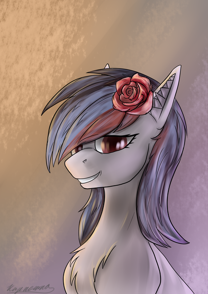 Size: 2508x3541 | Tagged: safe, artist:kirieshka, derpibooru import, oc, oc:donetsk, pony, bust, flower, hair, image, png, portrait, red eyes, red rose, rose, russia, smiley face, smiling, teeth