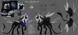 Size: 2048x916 | Tagged: safe, artist:_gassfra, derpibooru import, oc, oc:ower blackswan, alicorn, pony, ahoge, alicorn oc, bandage, bandaged tail, big ears, big eyes, black coat, black tail, chest fluff, colored wings, colored wingtips, concave belly, curved horn, ear fluff, eye clipping through hair, eyebrows, eyebrows visible through hair, eyeshadow, female, fetlock tuft, floppy ears, frown, glow, glowing horn, gray background, hoof fluff, horn, image, jpeg, large wings, leg fluff, leonine tail, lidded eyes, long mane, magic, makeup, mare, moodboard, profile, raised hoof, reference sheet, ribcage, shiny eyes, simple background, sketch, smiling, solo, standing, tail, tail fluff, tall, text, thin, two toned wings, unicorn horn, wavy mane, white eyes, white mane, white text, wingding eyes, wings