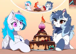 Size: 1100x778 | Tagged: safe, artist:arctic-fox, derpibooru import, oc, oc:starburn, unofficial characters only, earth pony, pegasus, pony, cake, duo, earth pony oc, fire, fire extinguisher, food, image, jpeg, pegasus oc, wings