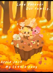 Size: 1600x2200 | Tagged: safe, artist:苏桑柠, derpibooru import, apple bloom, applejack, big macintosh, bright mac, granny smith, pear butter, pinkie pie, earth pony, pony, :3, apple family, blushing, female, filly, flower, foal, food, forest, image, male, mare, muffin, nature, png, sleeping, stallion, text, tree