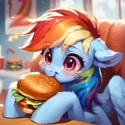 Size: 927x927 | Tagged: safe, ai content, derpibooru import, machine learning assisted, machine learning generated, stable diffusion, rainbow dash, pegasus, pony, blushing, burger, cute, detailed hair, ear fluff, eating, enjoying, fluffy, food, g4, generator:purplesmart.ai, happy, image, multicolored hair, pink eyes, png, prompter:saltyvity, rainbow hair, restaurant, smiling, solo