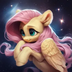 Size: 923x923 | Tagged: safe, ai content, derpibooru import, machine learning assisted, machine learning generated, stable diffusion, fluttershy, pegasus, pony, beautiful, cute, detailed, detailed hair, ear fluff, fluffy, g4, generator:purplesmart.ai, green eyes, image, long hair, pink hair, png, prompter:saltyvity, shy, simple background, smiling, solo, space, sparkles, stars, the cosmos