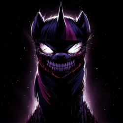 Size: 4096x4096 | Tagged: semi-grimdark, ai content, derpibooru import, machine learning generated, prompter:enterusxrname, twilight sparkle, pony, absurd resolution, bust, evil, evil grin, g4, generator:bing image creator, generator:dall-e 3, glow, glowing eyes, grin, image, insanity, jpeg, smiling, solo, twilight snapple, upscaled