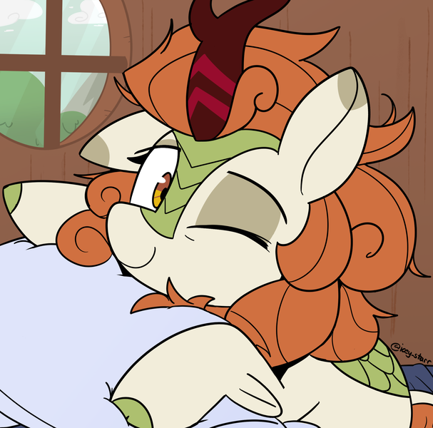 Size: 2168x2142 | Tagged: safe, artist:icey, derpibooru import, autumn blaze, kirin, bed mane, image, messy mane, pillow, png, sleepy