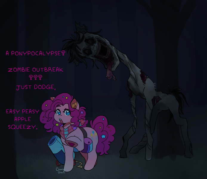Size: 2467x2134 | Tagged: grimdark, artist:channydraws, derpibooru import, pinkie pie, earth pony, pony, undead, zombie, image, mlp infection, party cannon, png