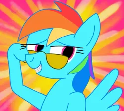 Size: 789x709 | Tagged: safe, artist:dhm, derpibooru import, rainbow dash, pony, bust, digital art, faic, image, jpeg, portrait, simple background, smiling, smug, smugdash, solo, sunglasses