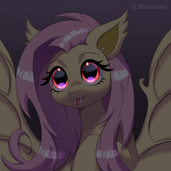 Size: 2400x2400 | Tagged: safe, artist:bloedrooi_e, artist:e-boi, derpibooru import, fluttershy, bat pony, pony, bat ears, bat ponified, bat wings, fangs, female, flutterbat, g4, gradient background, high res, image, looking at you, mare, open mouth, png, race swap, signature, solo, spread wings, wings