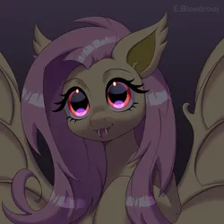 Size: 2400x2400 | Tagged: safe, artist:bloedrooi_e, artist:e-boi, derpibooru import, fluttershy, bat pony, pony, bat ears, bat ponified, bat wings, fangs, female, flutterbat, g4, gradient background, high res, image, looking at you, mare, open mouth, png, race swap, signature, solo, spread wings, wings