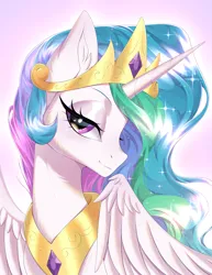 Size: 2700x3500 | Tagged: safe, artist:bloedrooi_e, artist:e-boi, artist:e.bloedrooi, derpibooru import, princess celestia, alicorn, pony, bedroom eyes, blushing, bust, crown, cute, digital art, ethereal mane, eyelashes, eyeshadow, feather, female, flowing mane, folded wings, g4, gem, glow, high res, horn, image, jewelry, lidded eyes, looking at you, makeup, mare, multicolored hair, peytral, pink background, pink eyes, png, portrait, regalia, simple background, smiling, smiling at you, solo, sparkles, starry mane, stars, sternocleidomastoid, wings