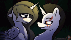 Size: 1280x720 | Tagged: safe, artist:darbedarmoc, derpibooru import, oc, oc:enigma, unofficial characters only, alicorn, pony, unicorn, animated, crown, female, forest, french kiss, g4, gif, horn, image, jewelry, kissing, looking at each other, looking at someone, male, nature, patreon, patreon logo, regalia, scar, shipping, stallion, straight, tree