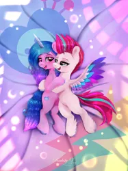 Size: 1417x1890 | Tagged: safe, artist:darksly, derpibooru import, izzy moonbow, zipp storm, pegasus, pony, unicorn, g5, adorazipp, blanket, blushing, colored eyebrows, colored wings, colored wingtips, commission, cuddling, cute, duo, duo female, eye contact, eyebrows, female, horn, hug, image, izzybetes, izzyzipp, jpeg, lesbian, lidded eyes, looking at each other, looking at someone, mare, multicolored wings, open mouth, open smile, shipping, signature, smiling, smiling at each other, spread wings, unshorn fetlocks, wings