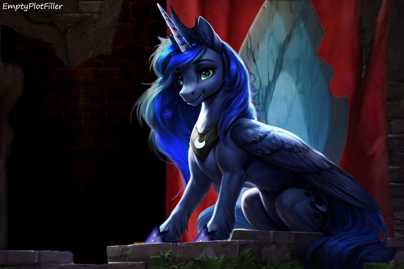 Size: 1152x768 | Tagged: safe, ai content, derpibooru import, editor:emptyplotfiller, machine learning assisted, machine learning generated, princess luna, alicorn, fanfic:crossing the trixie bridge:a new life in the crystal empire, castle of the royal pony sisters, drunk, g4, horn, image, png, solo