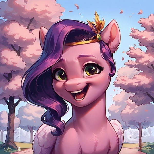 Size: 1024x1024 | Tagged: safe, ai content, banned from derpibooru, deleted from derpibooru, derpibooru import, machine learning generated, stable diffusion, pipp petals, pegasus, g5, blue sky, cherry blossom trees, generator:pony diffusion v6 xl, half body, happy, image, jpeg, looking at you, park, prompter:emilia starsong, solo