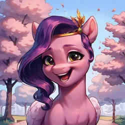 Size: 1024x1024 | Tagged: safe, ai content, banned from derpibooru, deleted from derpibooru, derpibooru import, machine learning generated, stable diffusion, pipp petals, pegasus, g5, blue sky, cherry blossom trees, generator:pony diffusion v6 xl, half body, happy, image, jpeg, looking at you, park, prompter:emilia starsong, solo
