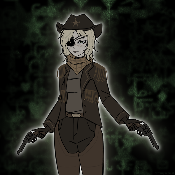 Size: 3000x3000 | Tagged: safe, artist:rawsugarmeat, derpibooru import, applejack, human, alternate hairstyle, alternate universe, bandana, belt, chaps, clothes, coat, cowboy hat, denim, dual wield, eye scar, eyepatch, facial scar, female, freckles, gloves, gun, handgun, hat, humanized, image, jeans, mlp infection, pants, png, revolver, scar, shirt, solo, weapon