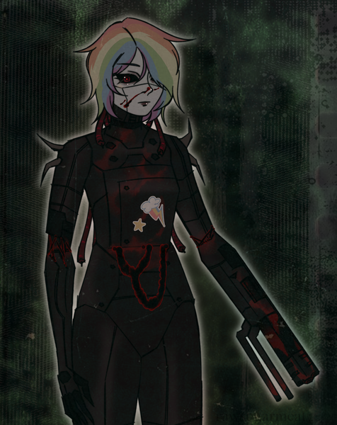 Size: 3000x3780 | Tagged: semi-grimdark, artist:rawsugarmeat, derpibooru import, rainbow dash, cyborg, human, alternate universe, black sclera, blood, female, gun, humanized, image, infected, infection, mlp infection, png, red eyes, red eyes take warning, scar, solo, sticker, virus, weapon