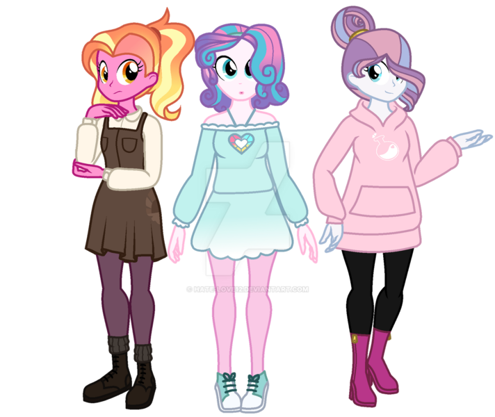Size: 1280x1079 | Tagged: safe, artist:hate-love12, derpibooru import, luster dawn, potion nova, princess flurry heart, equestria girls, alternate hairstyle, boots, clothes, converse, deviantart watermark, equestria girls-ified, female, hoodie, image, leggings, obtrusive watermark, older, older flurry heart, open mouth, overwatch, png, shoes, simple background, skirt, socks, sweater, transparent background, trio, trio female, watermark