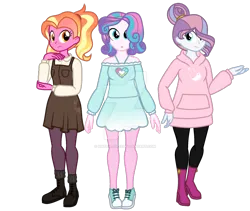 Size: 1280x1079 | Tagged: safe, artist:hate-love12, derpibooru import, luster dawn, potion nova, princess flurry heart, equestria girls, alternate hairstyle, boots, clothes, converse, deviantart watermark, equestria girls-ified, female, hoodie, image, leggings, obtrusive watermark, older, older flurry heart, open mouth, overwatch, png, shoes, simple background, skirt, socks, sweater, transparent background, trio, trio female, watermark