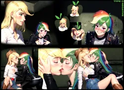 Size: 2076x1502 | Tagged: suggestive, ai content, derpibooru import, machine learning generated, prompter:hqdmusthave, applejack, rainbow dash, human, equestria girls, rainbow rocks, appledash, biker jacket, blushing, boots, breasts, butt, clothes, comic, cowboy boots, cowboy hat, cutie mark, denim, female, g4, hat, image, jacket, jeans, kiss on the lips, kissing, leather, leather jacket, lesbian, love, panties, pants, png, russian meme, see-through, shipping, shoes, skirt, spikes, stupid sexy applejack, stupid sexy rainbow dash, tight jeans, underwear, upskirt