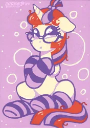 Size: 2918x4152 | Tagged: safe, artist:dandy, derpibooru import, moondancer, pony, unicorn, acrylic painting, clothes, female, floppy ears, g4, glasses, high res, horn, image, limited palette, looking at you, mare, messy mane, png, sitting, socks, solo, traditional art
