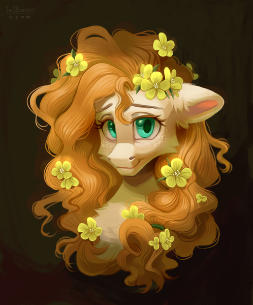 Size: 2002x2410 | Tagged: safe, artist:teaflower300, derpibooru import, pear butter, earth pony, pony, black background, bust, buttercup, cheek fluff, chest fluff, ear fluff, female, floppy ears, flower, flower in hair, g4, high res, image, looking at you, mare, png, simple background, smiling, smiling at you, solo