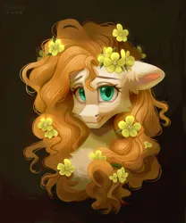 Size: 2002x2410 | Tagged: safe, artist:teaflower300, derpibooru import, pear butter, earth pony, pony, black background, bust, buttercup, cheek fluff, chest fluff, ear fluff, female, floppy ears, flower, flower in hair, g4, high res, image, looking at you, mare, png, simple background, smiling, smiling at you, solo