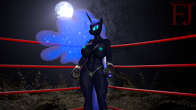 Size: 3840x2160 | Tagged: questionable, artist:flaming judgement, derpibooru import, nightmare moon, boxing, boxing gloves, boxing ring, breasts, busty nightmare moon, graveyard, image, png, sports, titboxing