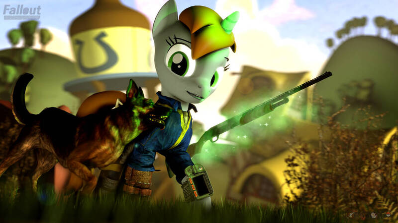 Size: 1192x670 | Tagged: safe, artist:longsword97, oc, oc:littlepip, pony, fallout equestria, 3d, dogmeat, duo, female, gun, image, jpeg, looking at each other, mare, shotgun, source filmmaker, weapon