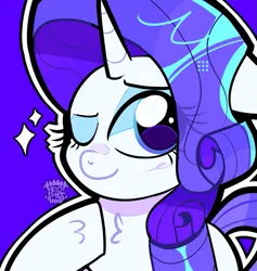 Size: 1021x1078 | Tagged: safe, artist:acid-fangs, derpibooru import, part of a set, rarity, pony, unicorn, blue background, bust, eye clipping through hair, female, g4, hoof on chest, horn, icon, image, looking at you, mare, one eye closed, png, simple background, solo, sparkles, watermark, wink, winking at you