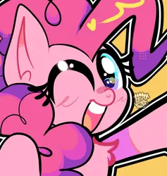 Size: 1021x1078 | Tagged: safe, artist:acid-fangs, derpibooru import, part of a set, pinkie pie, earth pony, pony, bust, female, g4, icon, image, looking at you, mare, one eye closed, open mouth, open smile, png, simple background, smiling, smiling at you, solo, watermark, wink, winking at you, yellow background