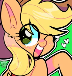 Size: 1021x1078 | Tagged: safe, artist:acid-fangs, derpibooru import, part of a set, applejack, earth pony, pony, eye clipping through hair, female, g4, green background, heart, icon, image, looking at you, mare, one eye closed, open mouth, open smile, png, simple background, smiling, smiling at you, solo, watermark, wink, winking at you