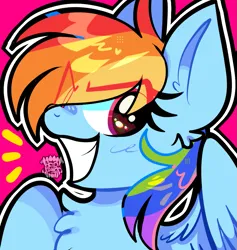 Size: 1021x1078 | Tagged: safe, artist:acid-fangs, derpibooru import, part of a set, rainbow dash, pegasus, pony, bust, chest fluff, emanata, eye clipping through hair, female, g4, grin, icon, image, looking at you, mare, png, simple background, smiling, smiling at you, solo, watermark, wings