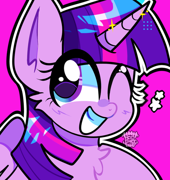 Size: 1021x1078 | Tagged: safe, artist:acid-fangs, derpibooru import, part of a set, twilight sparkle, twilight sparkle (alicorn), alicorn, pony, bust, eye clipping through hair, female, g4, icon, image, looking at you, mare, one eye closed, png, purple background, simple background, smiling, smiling at you, solo, sparkles, stars, watermark, wings, wink, winking at you