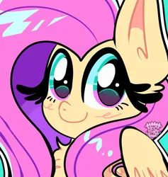 Size: 1021x1078 | Tagged: safe, artist:acid-fangs, derpibooru import, part of a set, fluttershy, pegasus, pony, chest fluff, female, folded wings, g4, icon, image, looking at you, mare, png, simple background, smiling, smiling at you, solo, teal background, watermark, wings