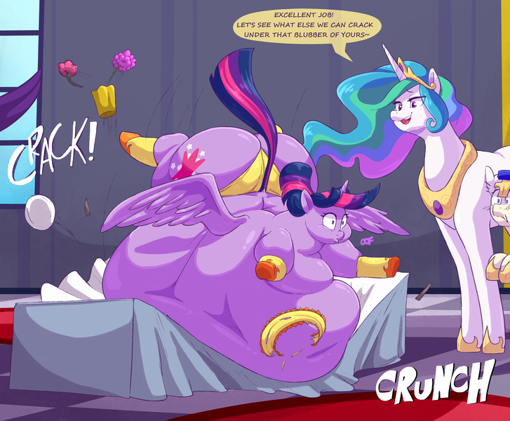Size: 2952x2436 | Tagged: questionable, artist:graphenescloset, artist:sirmasterdufel, derpibooru import, princess celestia, twilight sparkle, twilight sparkle (alicorn), alicorn, series:twilight h&h blorp program, clothes, collaboration, dialogue, fat, image, incentive drive, morbidly obese, obese, panties, png, royal guard, socks, twilard sparkle, underwear, wardrobe malfunction, weight gain, weight gain sequence