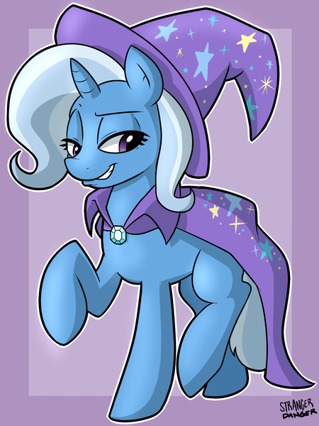 Size: 1536x2048 | Tagged: safe, artist:strangerdanger, derpibooru import, trixie, pony, unicorn, brooch, cape, clothes, eyebrows, female, g4, hat, horn, image, jewelry, lidded eyes, mare, png, raised hoof, raised leg, signature, solo, trixie's brooch, trixie's cape, trixie's hat