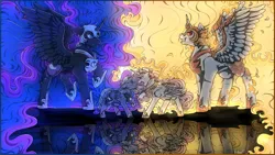 Size: 1280x720 | Tagged: safe, artist:binibean, derpibooru import, daybreaker, nightmare moon, princess celestia, princess luna, alicorn, pony, cewestia, duality, duo, female, filly, image, pink-mane celestia, png, reflection, royal sisters, siblings, sisters, spread wings, wings, woona, younger