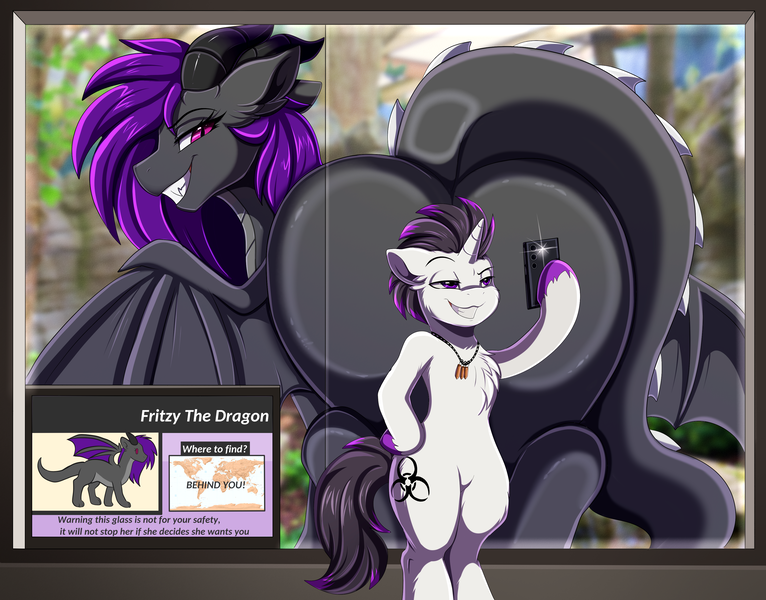 Size: 3577x2802 | Tagged: suggestive, artist:pridark, derpibooru import, oc, oc:fritzy, unofficial characters only, dragon, pony, unicorn, butt, dragon oc, duo, horn, image, non-pony oc, plot, png, unicorn oc