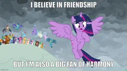 Size: 888x499 | Tagged: safe, derpibooru import, screencap, applejack, fluttershy, pinkie pie, rainbow dash, rarity, smolder, spike, thorax, twilight sparkle, twilight sparkle (alicorn), alicorn, the ending of the end, caption, dc comics, image, image macro, imgflip, jpeg, justice league, mane six, movie reference, superman, text