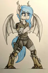 Size: 2257x3387 | Tagged: safe, artist:cmdraj, derpibooru import, oc, oc:midnight dagger, bat pony, semi-anthro, arm hooves, artificial hands, clothes, cybernetic legs, cyberpunk, female, gun, handgun, holster, image, knee pads, pistol, png, simple background, soldier, solo, spread wings, traditional art, weapon, white background, wings