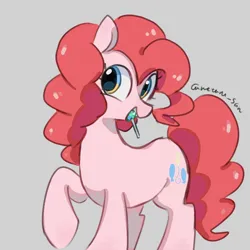 Size: 4096x4096 | Tagged: safe, artist:metaruscarlet, derpibooru import, pinkie pie, earth pony, pony, candy, cutie mark, food, gray background, image, lollipop, open mouth, png, simple background, solo