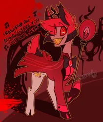 Size: 749x886 | Tagged: safe, artist:scancly, derpibooru import, ponified, pony, alastor, concave belly, crossover, eyebrows, eyebrows visible through hair, hazbin hotel, image, jpeg, sharp teeth, slender, teeth, thin
